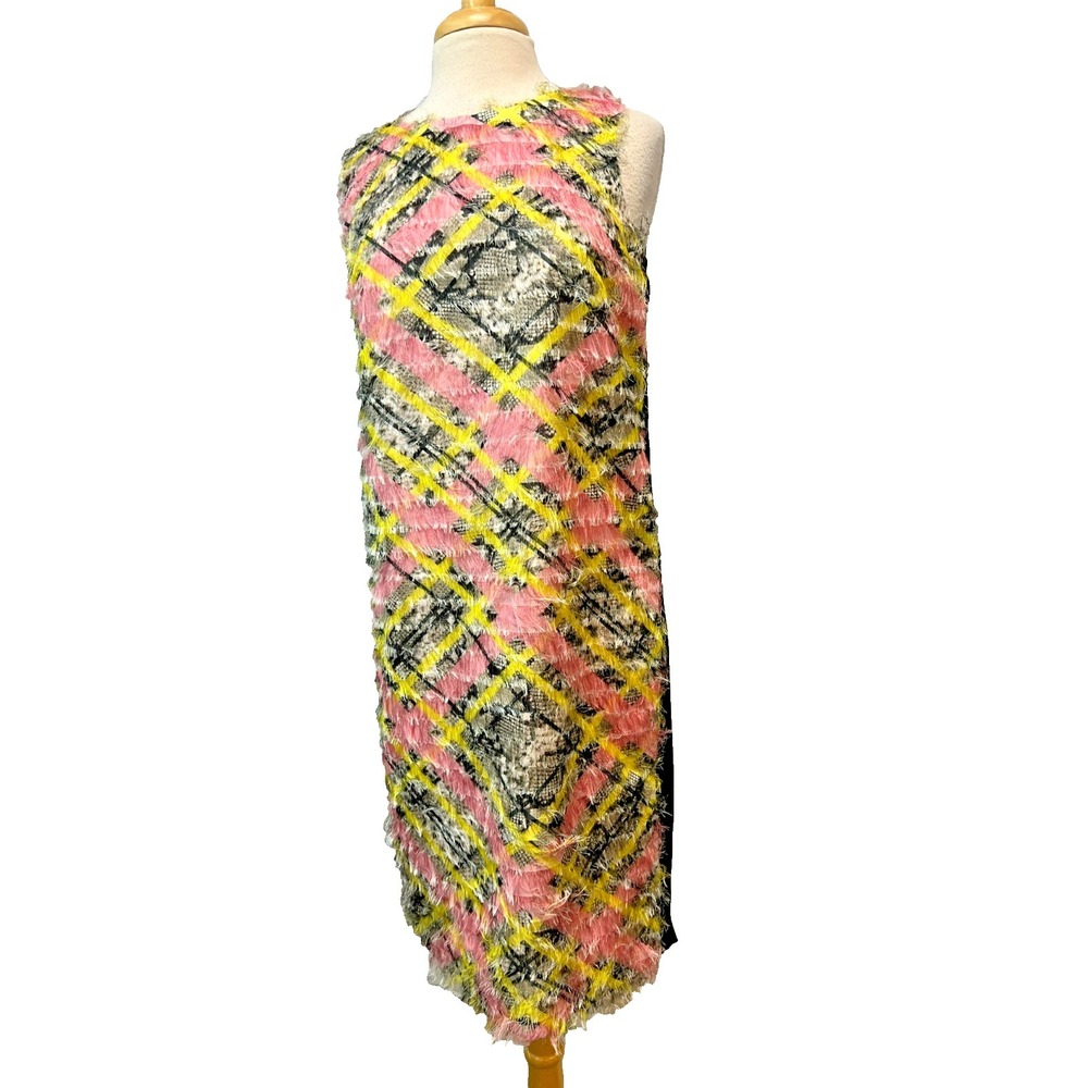 Cavalli Class Shift Dress Pink Black Yellow Plaid Eyelash Fringe Sleeveless SZ S